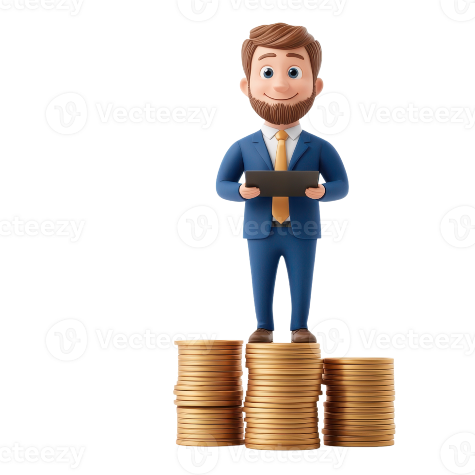 A cartoon character in a suit stands confidently on stacks of coins, holding a tablet, symbolizing financial success and business acumen. png