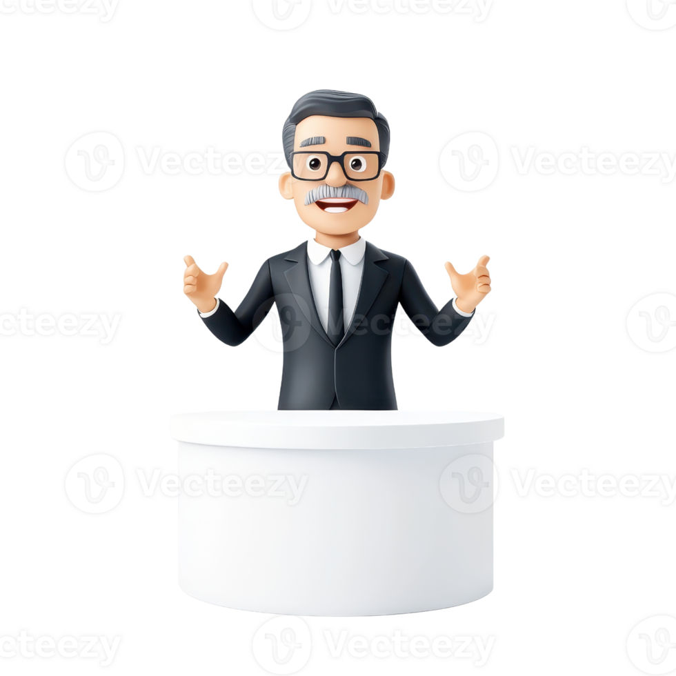 A cartoon-style figure of a man in a suit, with glasses and a friendly expression, gesturing with both hands while standing behind a round podium. png