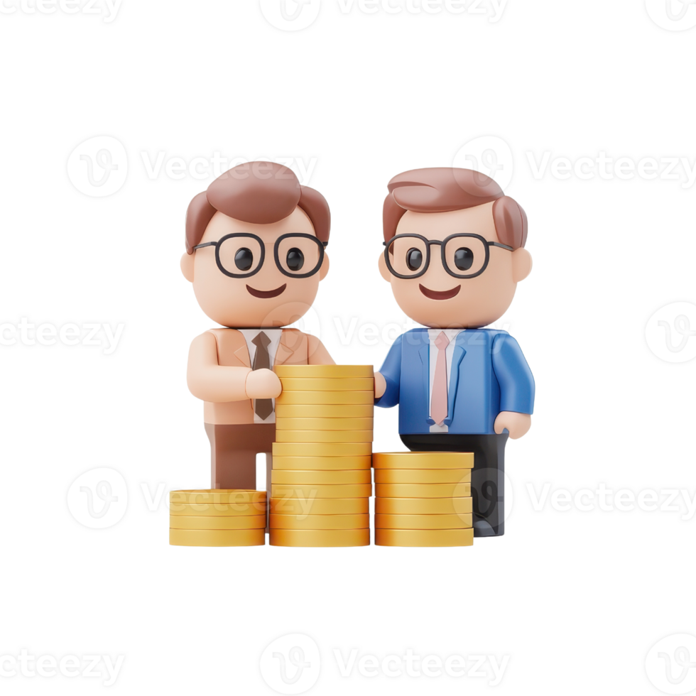 Two animated figures smiling while stacking gold coins, symbolizing teamwork and financial growth. png