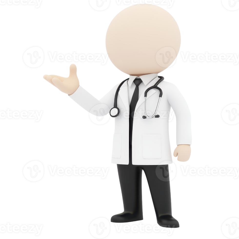 A cartoonish doctor figure in a white coat, gesturing with one hand, featuring a stethoscope around the neck. png