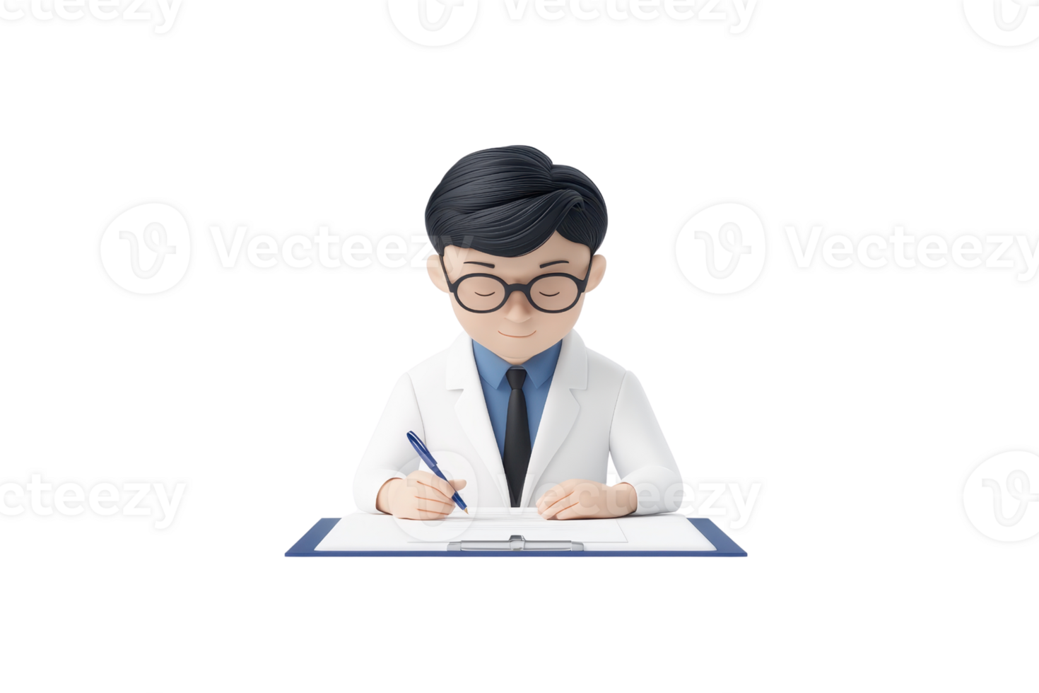 A stylized character in a white coat writes on a clipboard, embodying a professional and attentive demeanor. png
