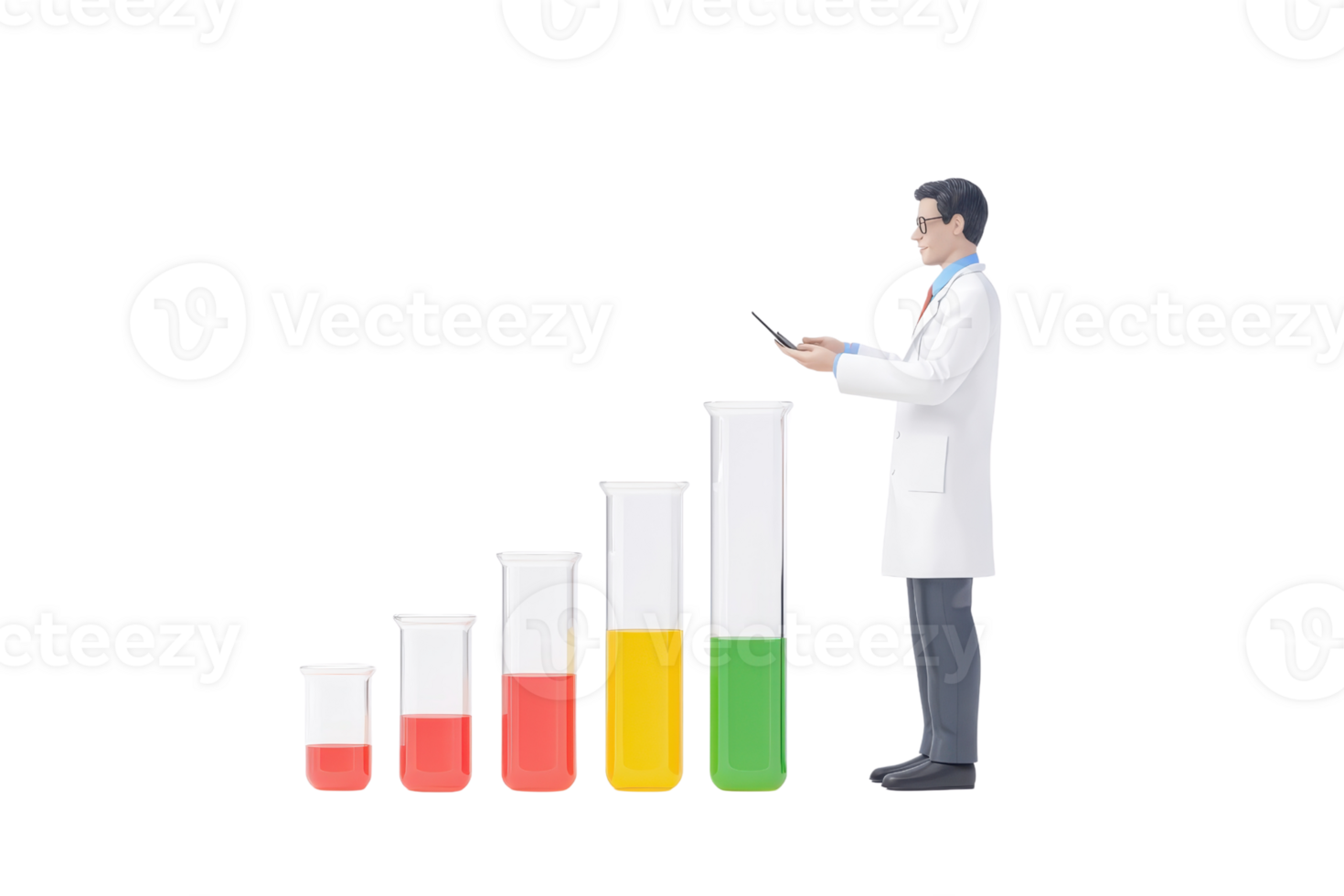 A scientist stands beside a series of graduated test tubes filled with colored liquids, indicating measurement or experimentation. png