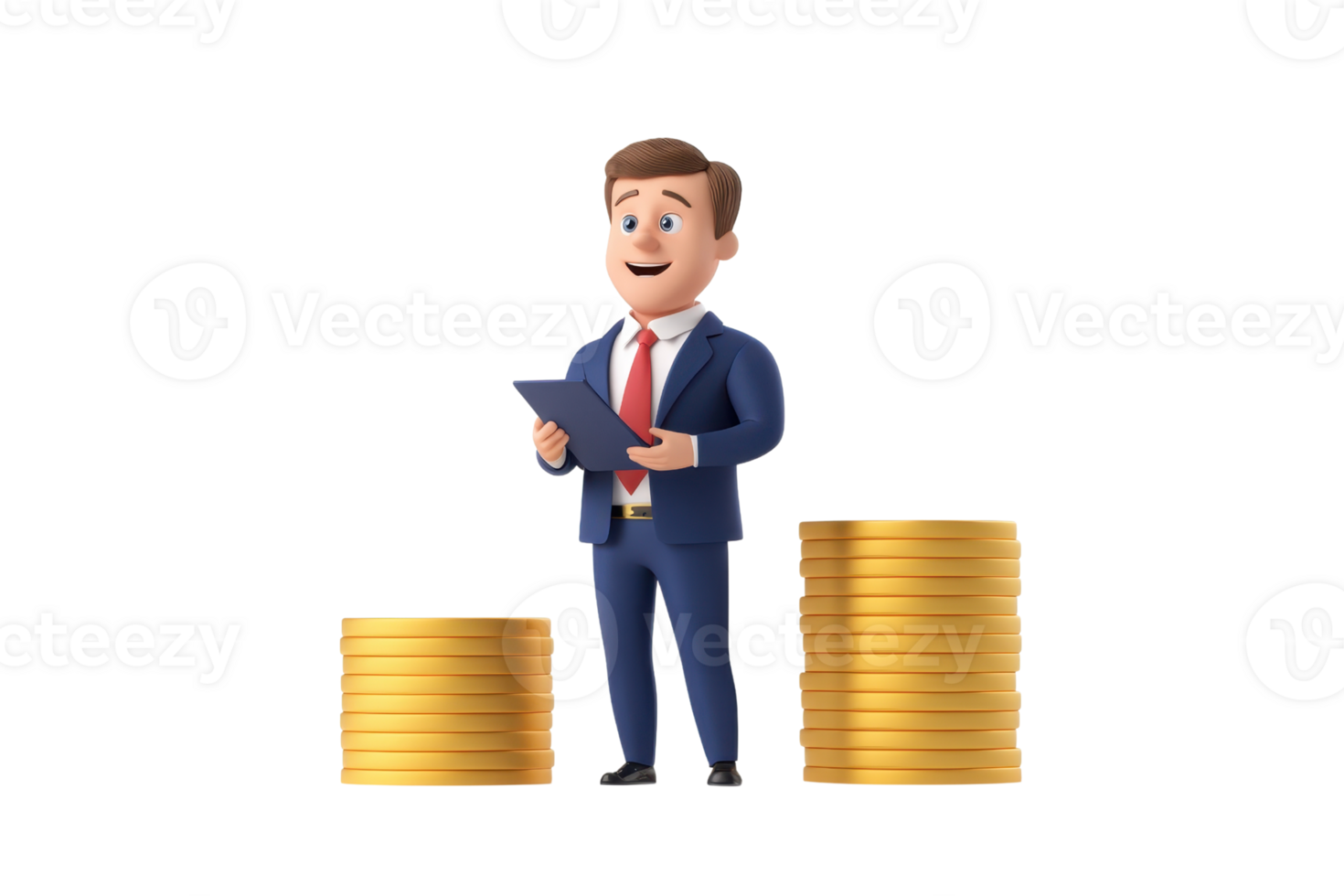 A cheerful businessman stands confidently next to stacks of coins, holding a clipboard and presenting financial data. png