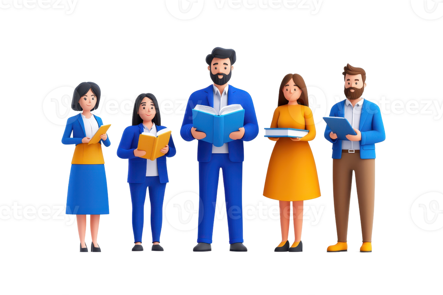 Five diverse individuals are reading books, showcasing a blend of styles and colors in their clothing. png