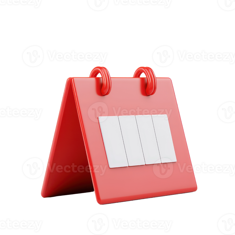 A bright red tabletop calendar with a flip design featuring blank white panels for date display. png
