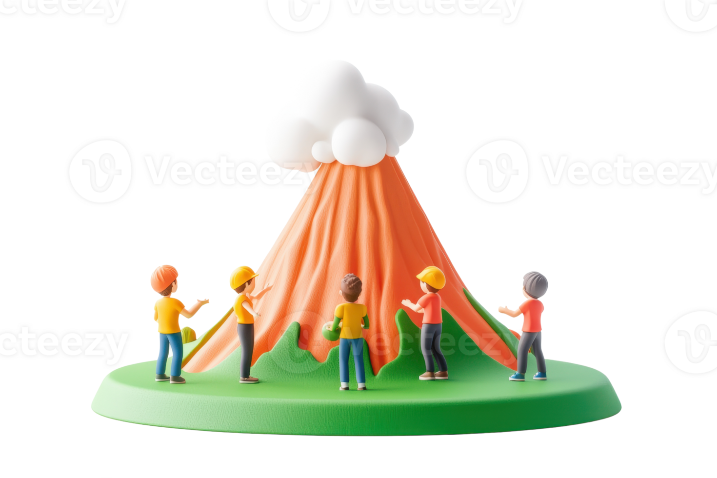 A colorful model of a volcano with people engaging around it, showcasing an eruption scenario with vibrant lava and clouds. png