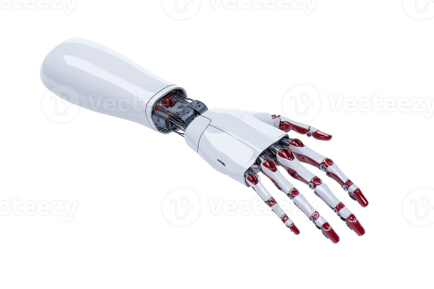 A robotic hand showcasing intricate mechanical details and a sleek design with a combination of white and red colors. png