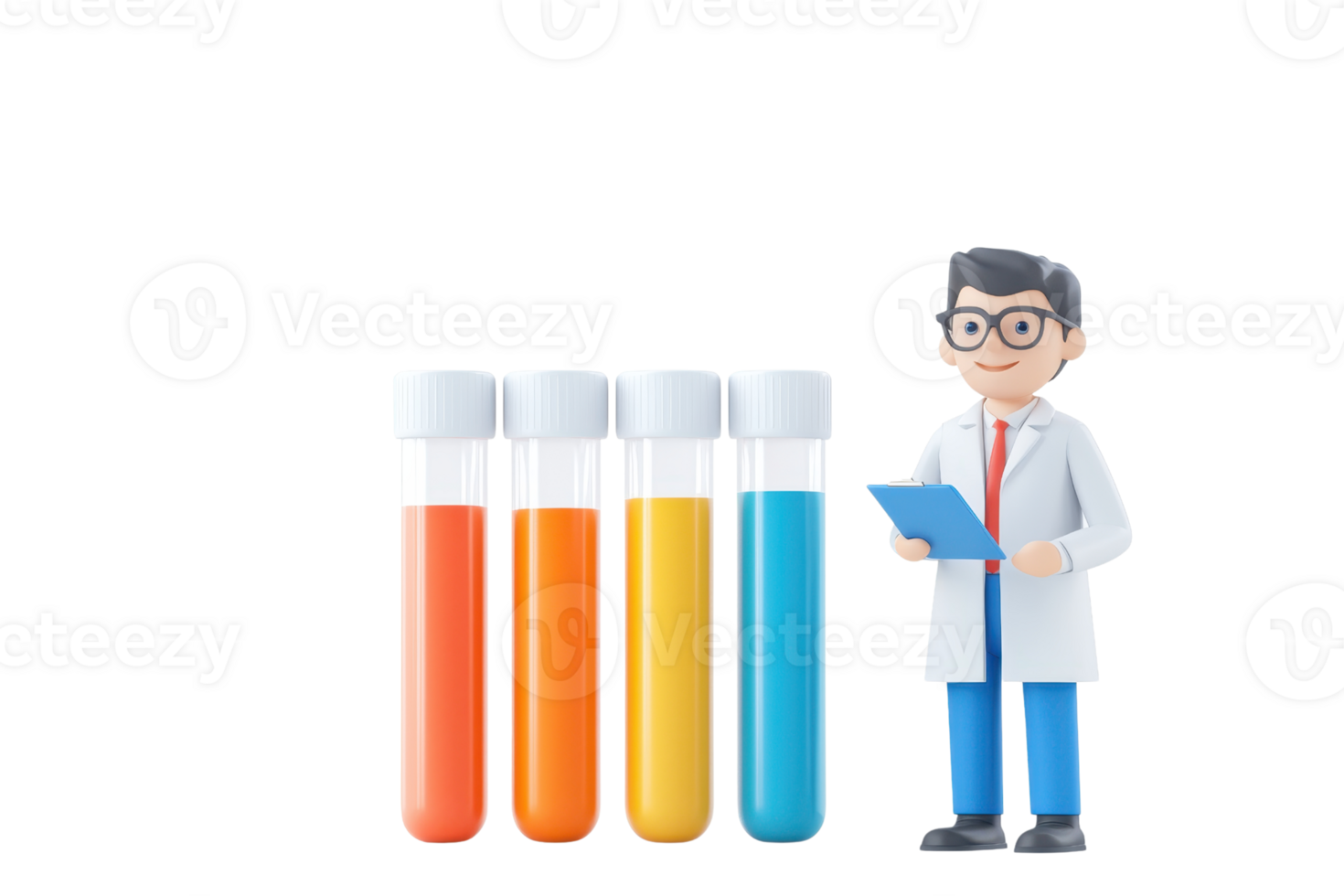 A cartoon character in a lab coat holds a clipboard next to four colorful test tubes filled with liquids. png