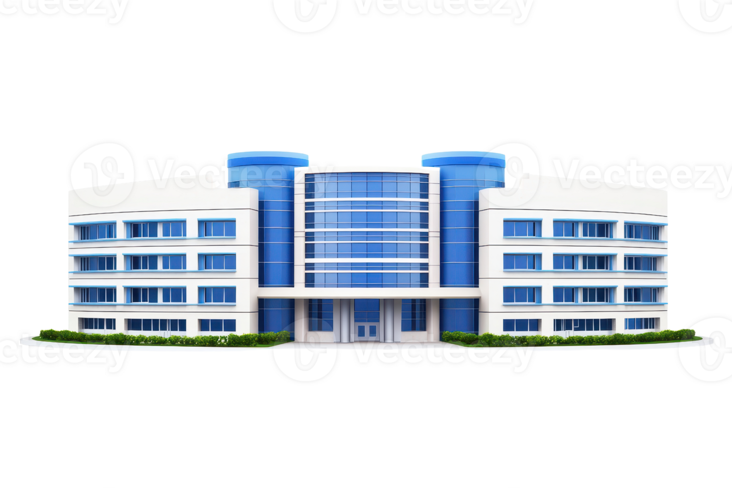 A modern architectural building with multiple levels, large glass windows, and a sleek design featuring blue accents. png