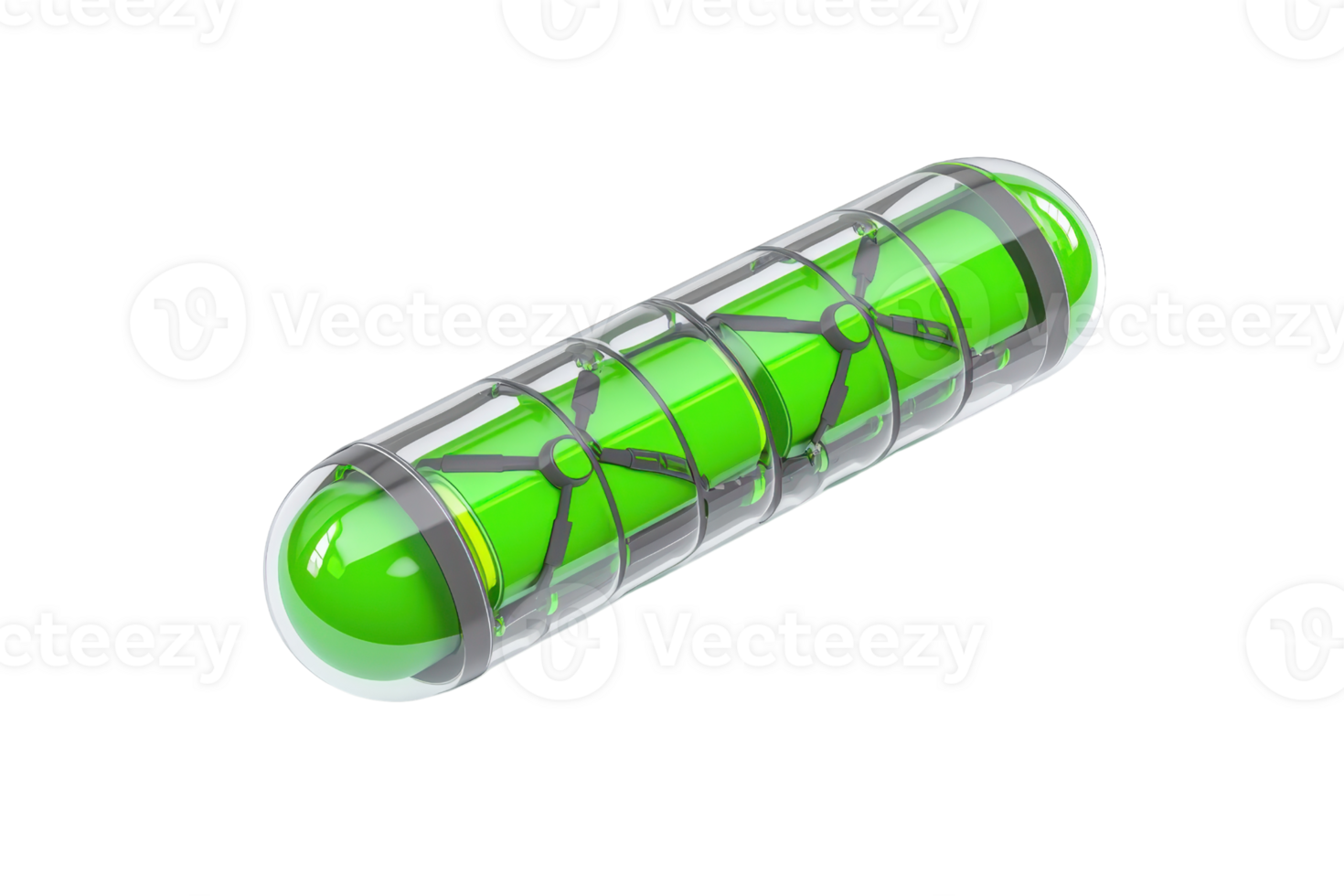 A green capsule with a sleek design, featuring a patterned surface and a shiny shell. png
