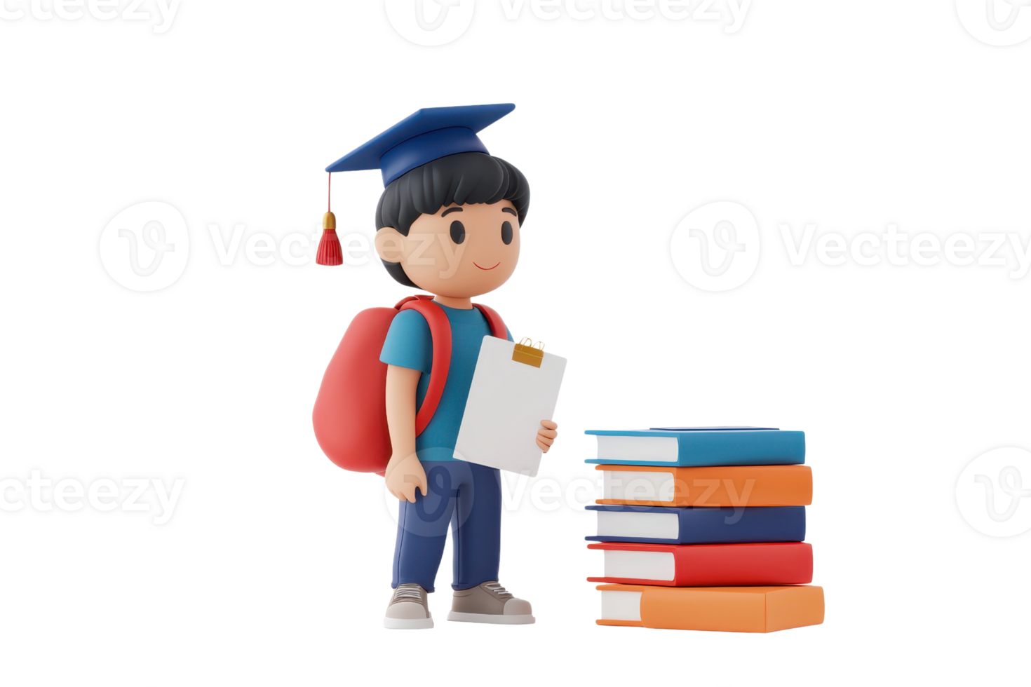 A cartoon character wearing a graduation cap and a backpack, holding a clipboard next to a stack of colorful books. png