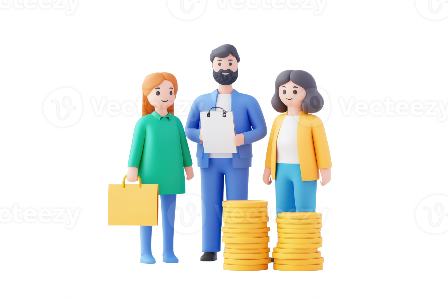 Three stylized figures represent a business scenario, with one holding a clipboard and two others standing beside stacks of coins. png