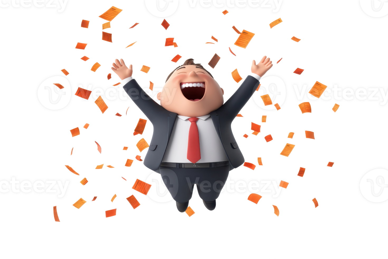 A joyful cartoon man in a suit celebrates with arms raised, surrounded by colorful confetti. png