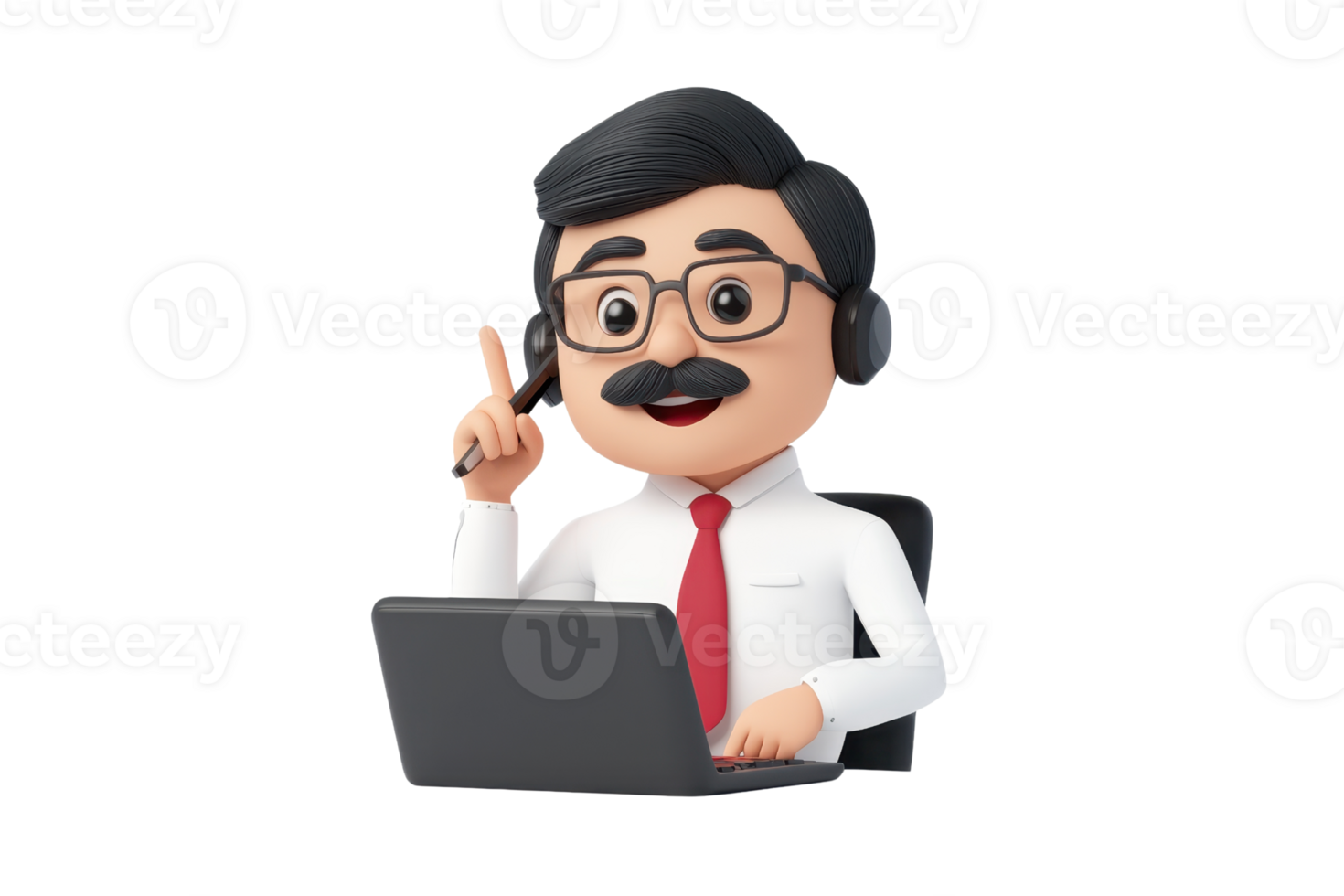 A cheerful cartoon character wearing glasses and a red tie, seated at a laptop, gesturing as if explaining something. png