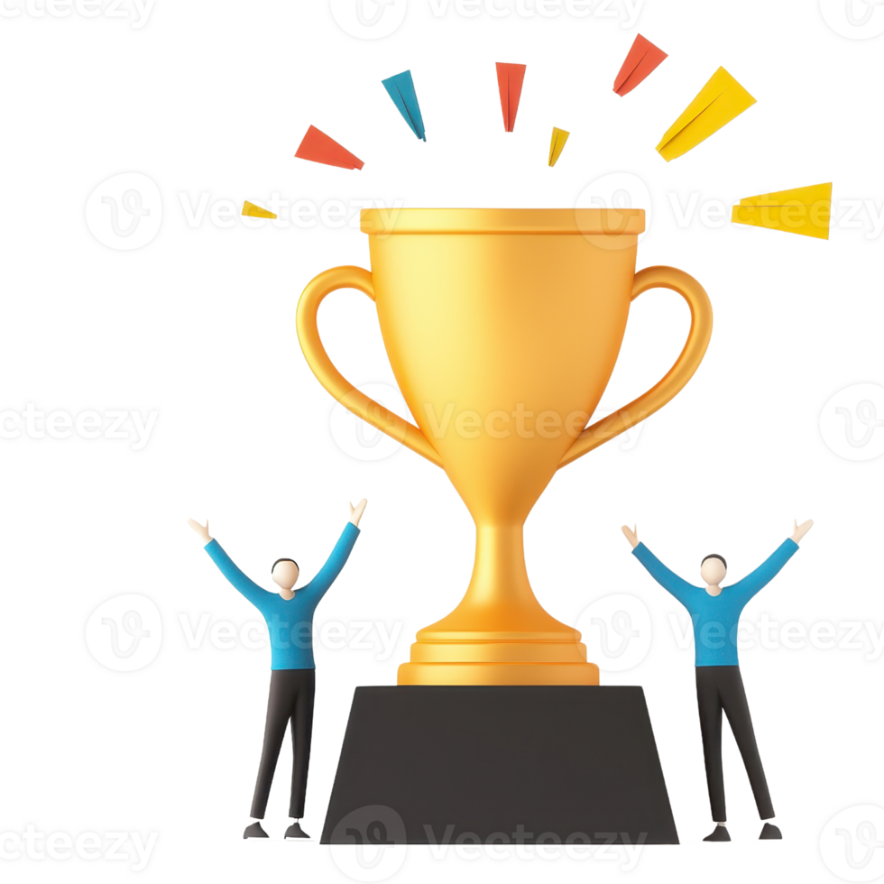 A golden trophy is held high by two figures, celebrating achievement and success with colorful confetti around. png