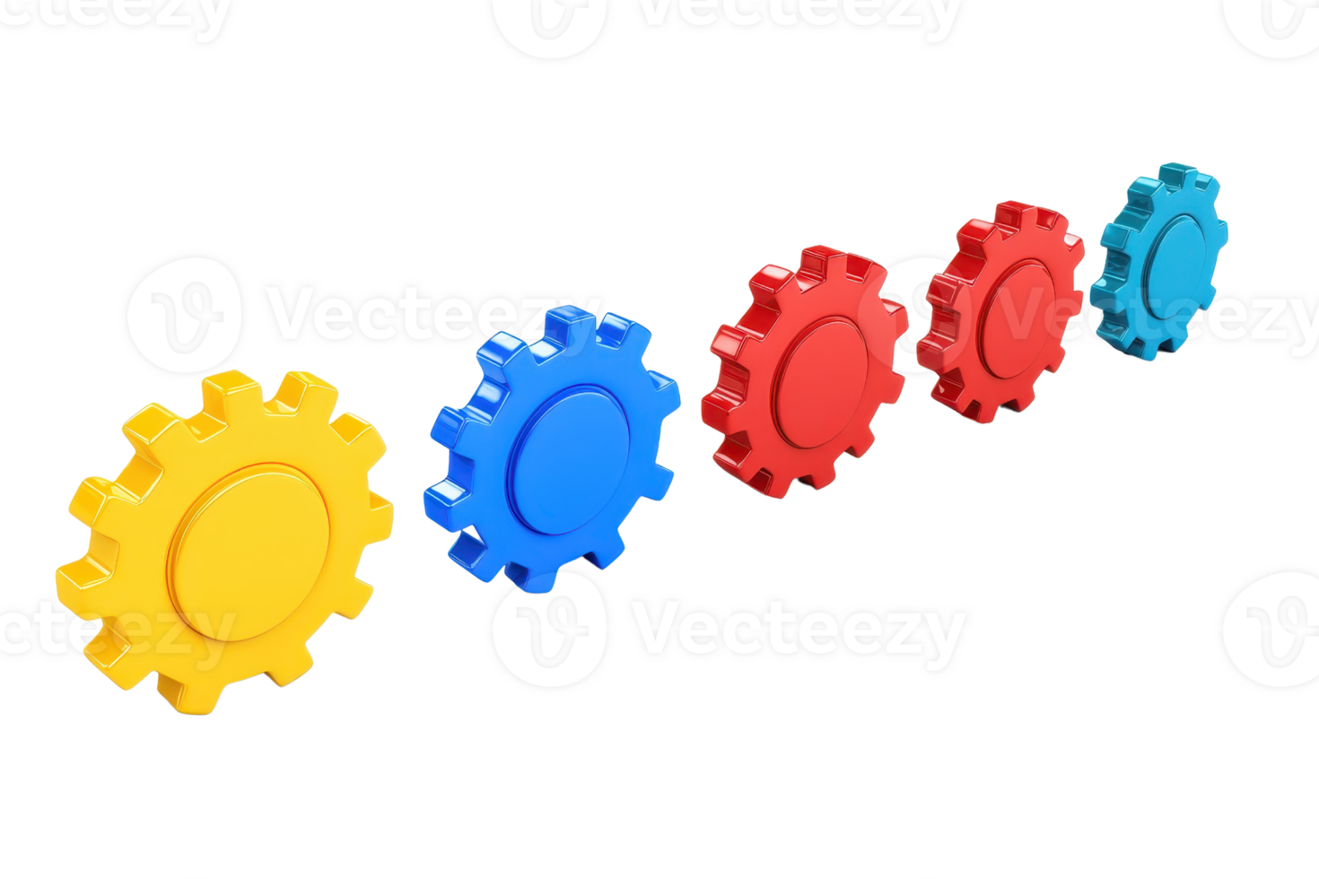 Colorful interlocking gears in a row, showcasing a mechanical theme with distinct hues of yellow, blue, red, and green. png