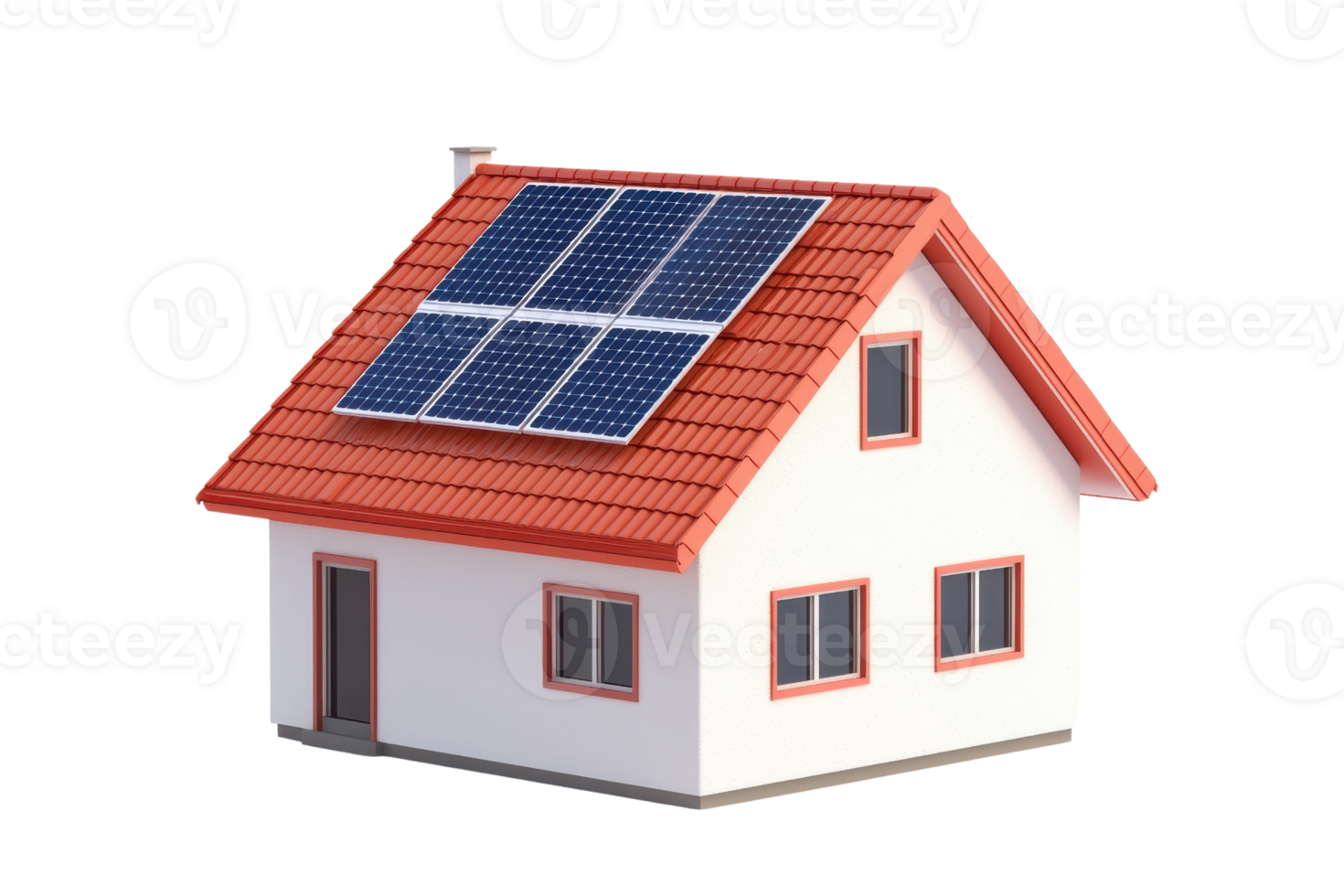 A small house with a red roof and solar panels on top, emphasizing eco-friendly energy solutions. png