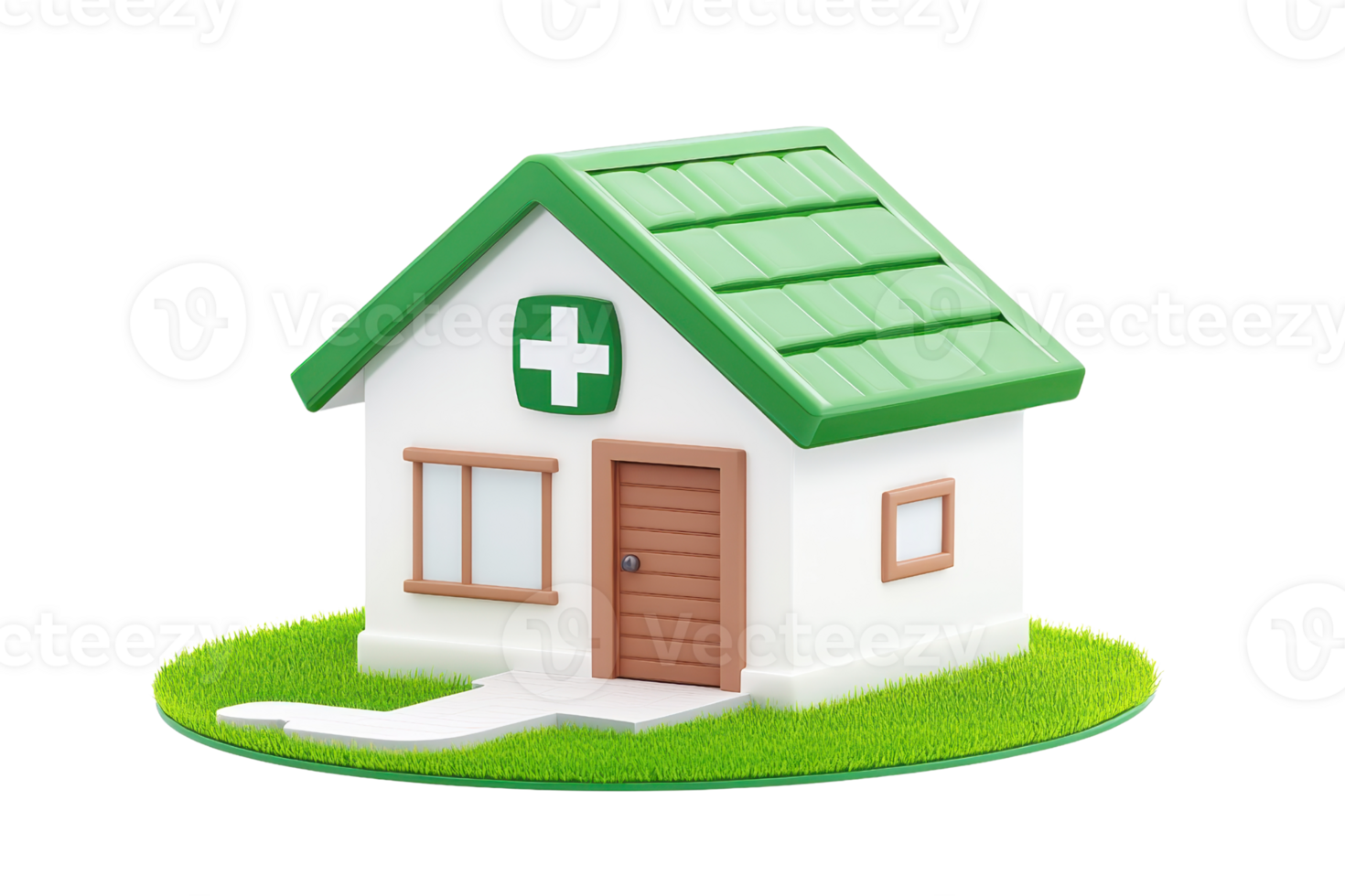 A small, colorful model house featuring a green roof and a red cross symbol, representing a medical or first aid facility. png