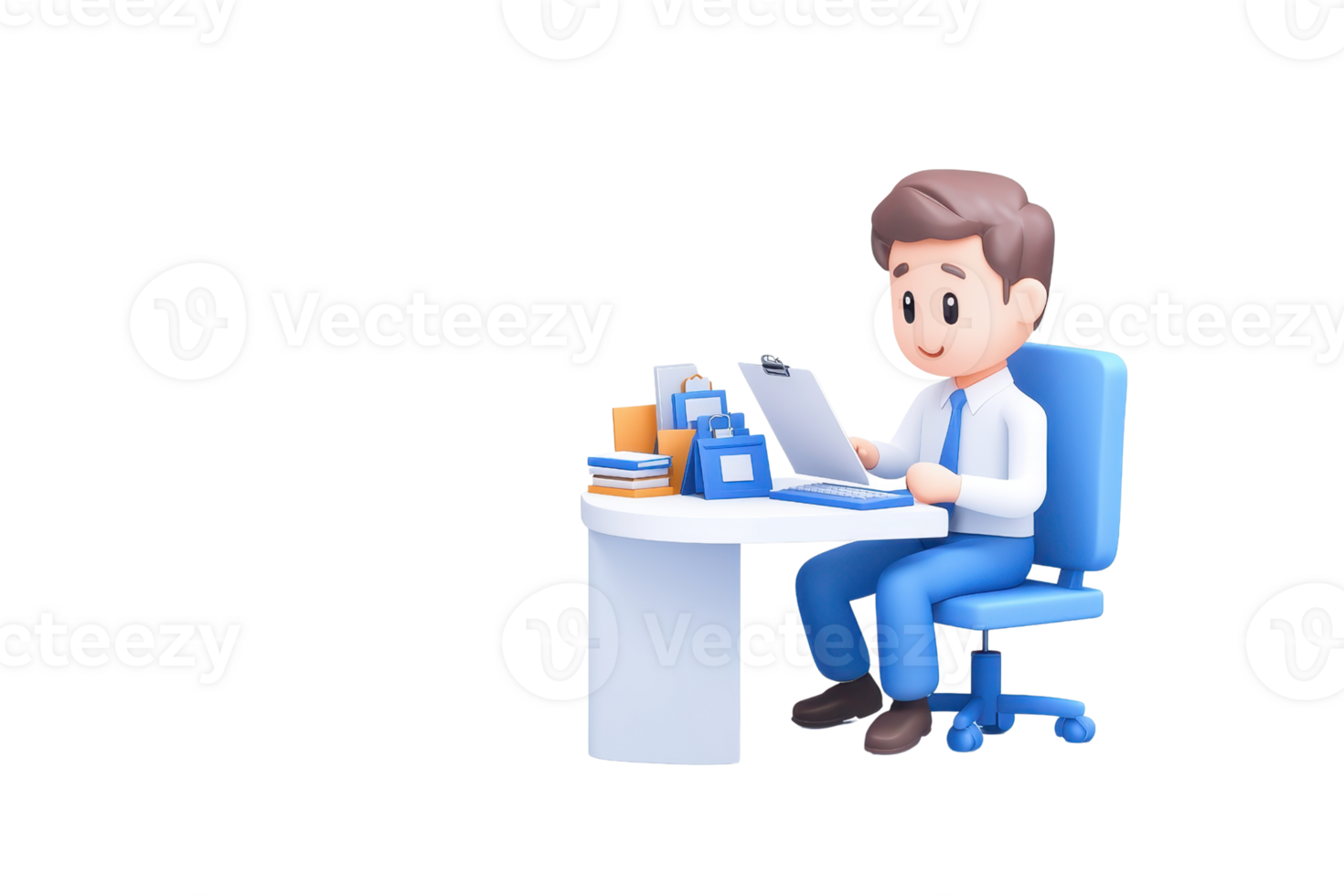 A cartoon character sits at a desk, focused on paperwork, surrounded by office supplies and organized files. png