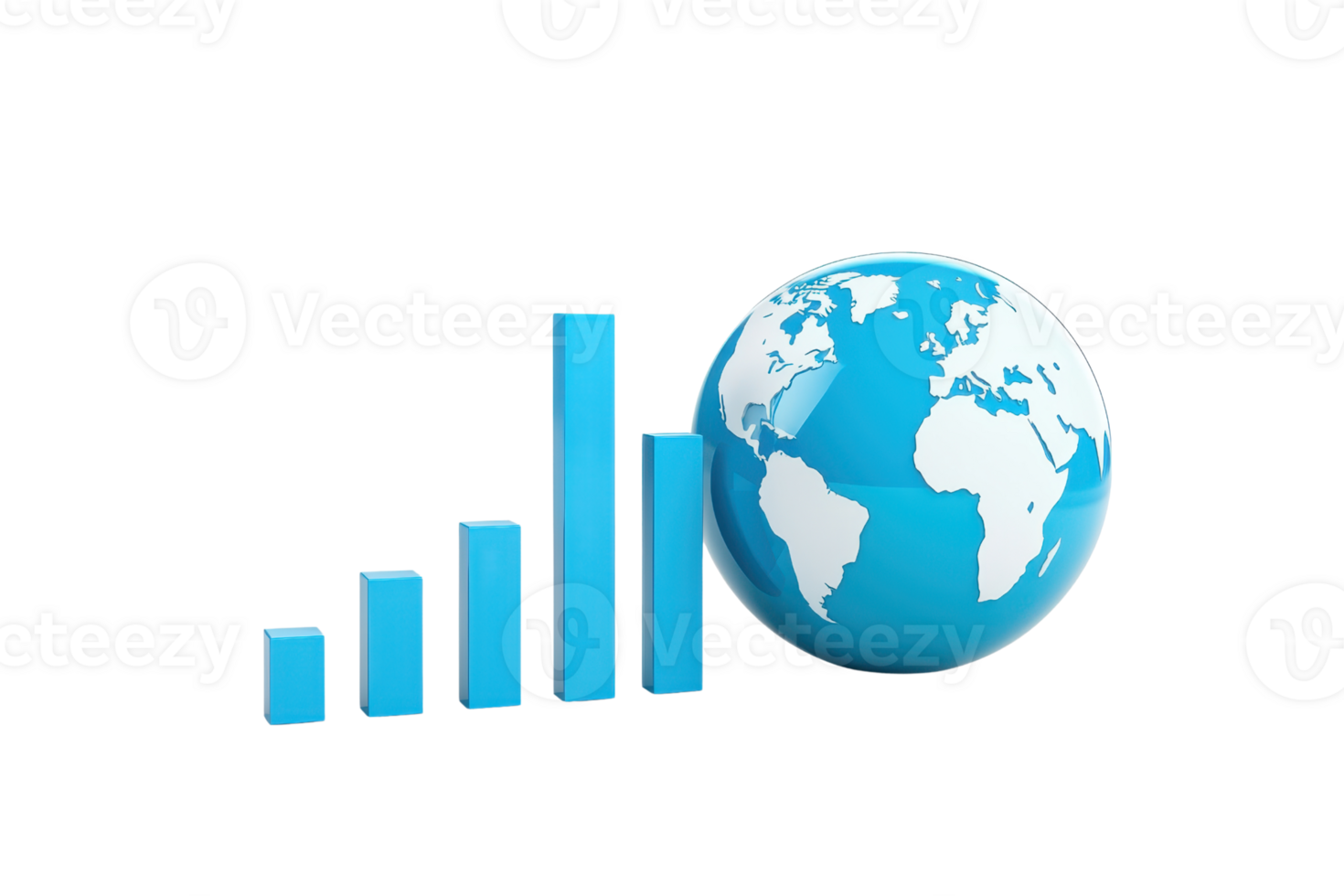 A blue globe next to ascending bar graphs symbolizes global growth and progress in data or finance. png