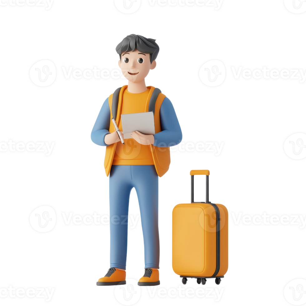 A cheerful young traveler stands with a suitcase and a tablet, ready for an adventure. png