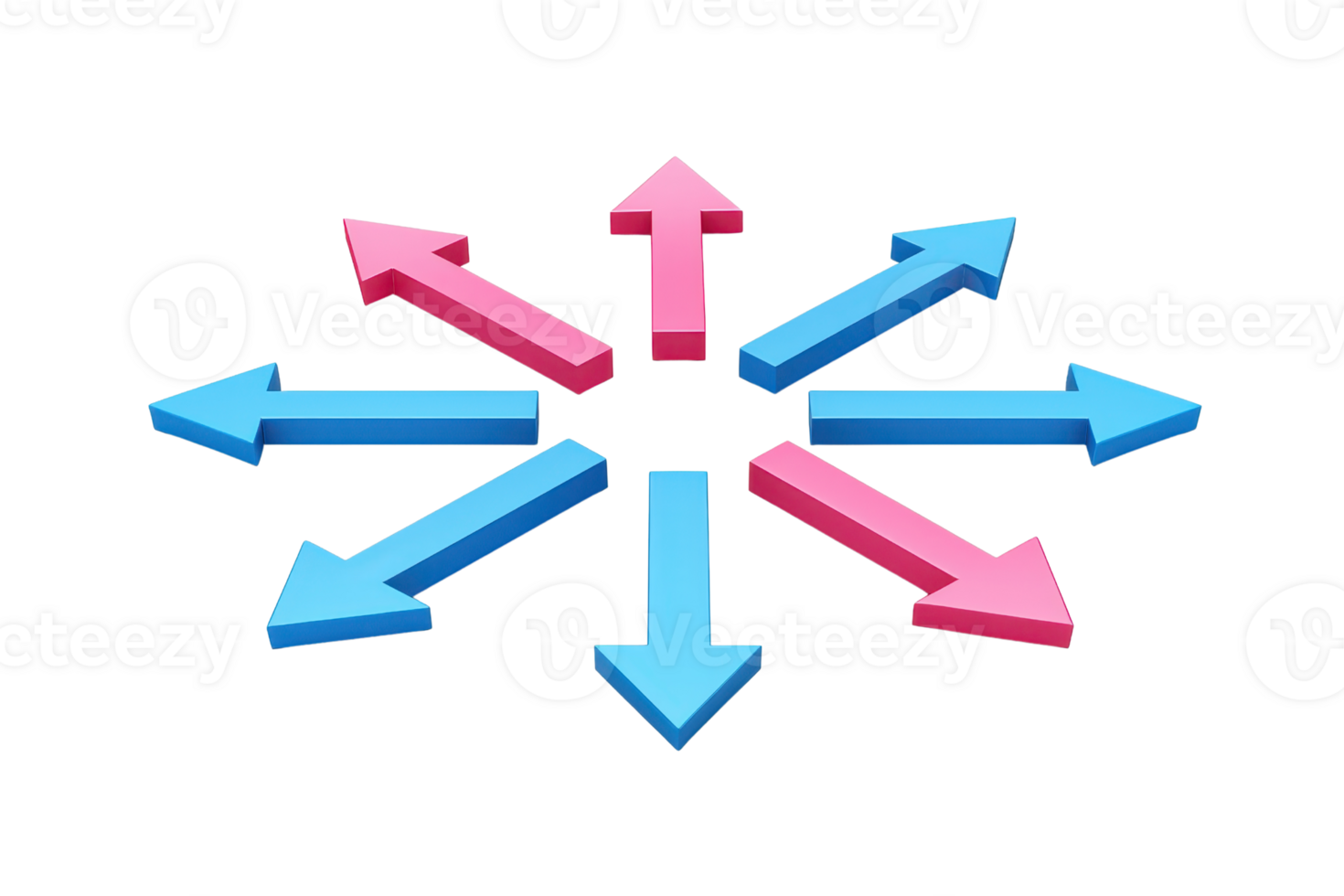 Colorful arrows in various directions, representing movement, choice, or flow, with pink and blue hues contrasting against a dark surface. png