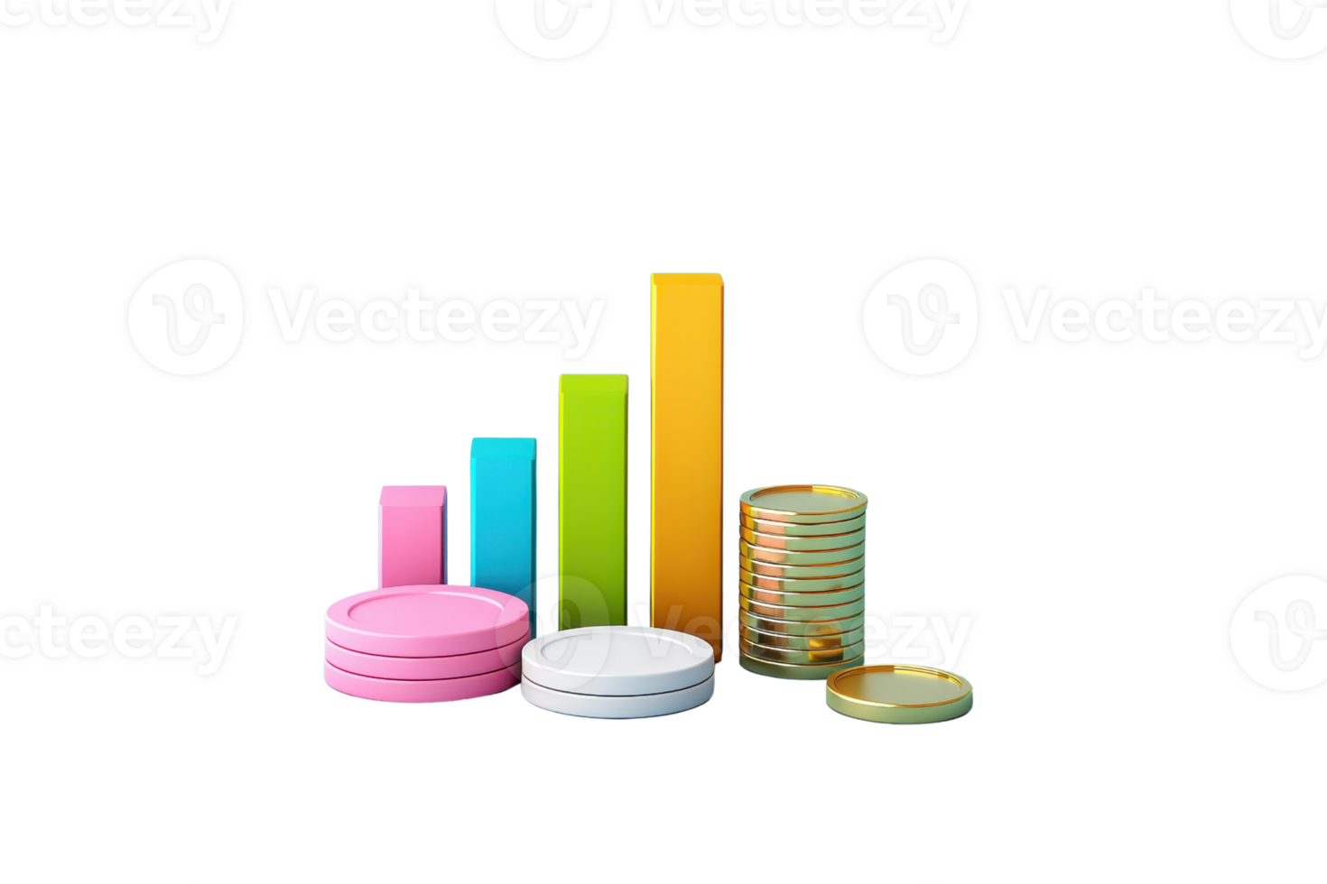 Colorful bars and coins arranged in a rising sequence, showcasing growth and financial concepts. png