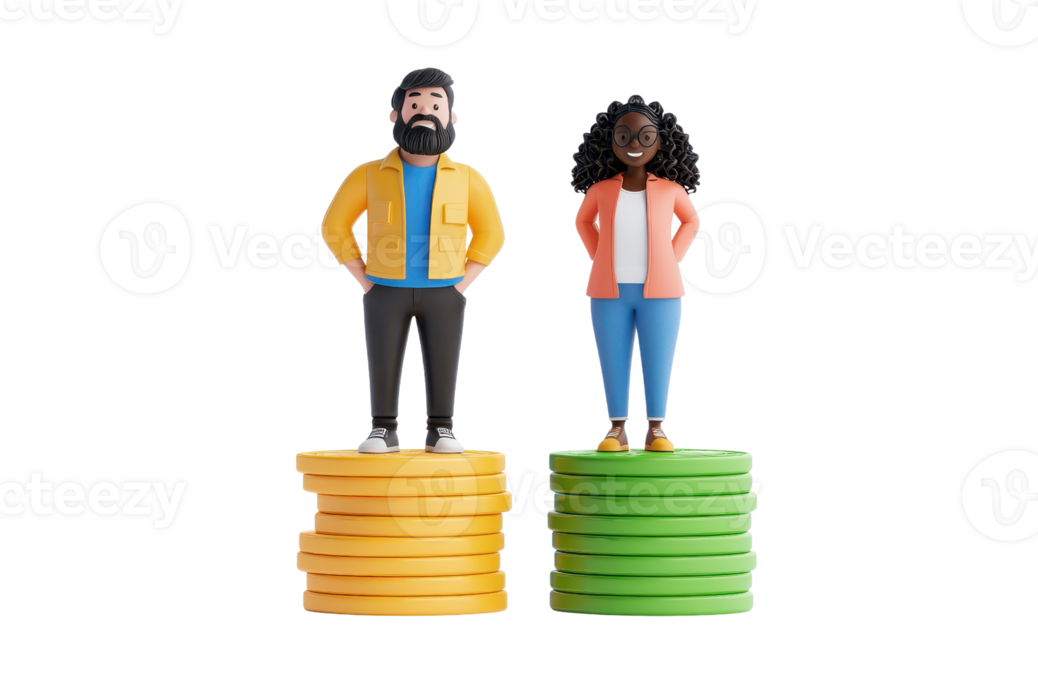 Two stylized figures stand on colorful stacks, representing diversity and equality. png