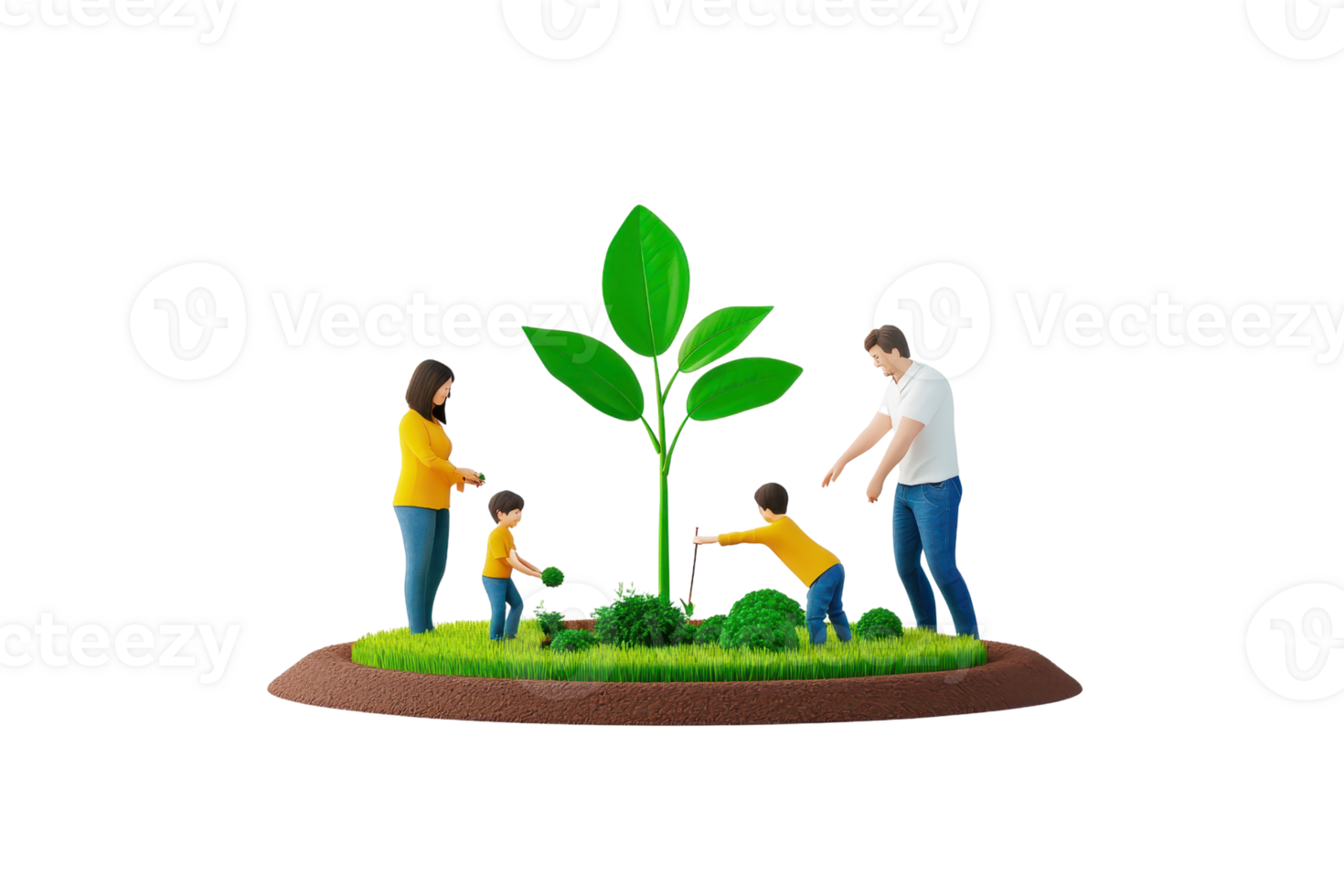A family plants a young green tree together, demonstrating teamwork and care for the environment. png