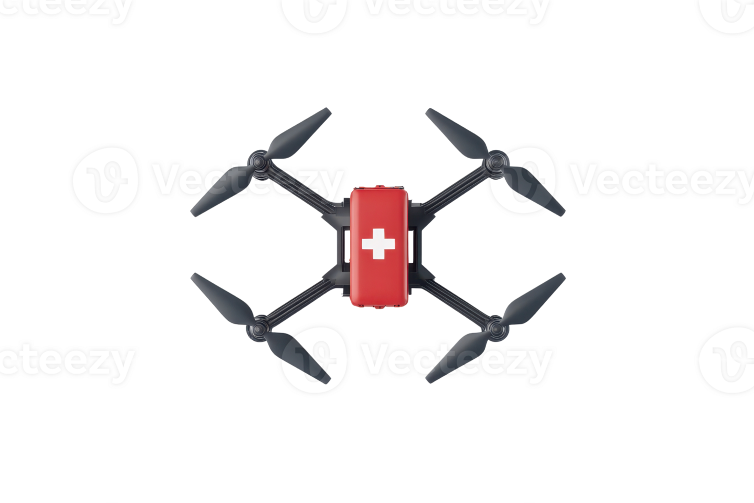 A red and black drone featuring a white cross emblem, designed for medical or rescue operations, with four propellers for flight. png