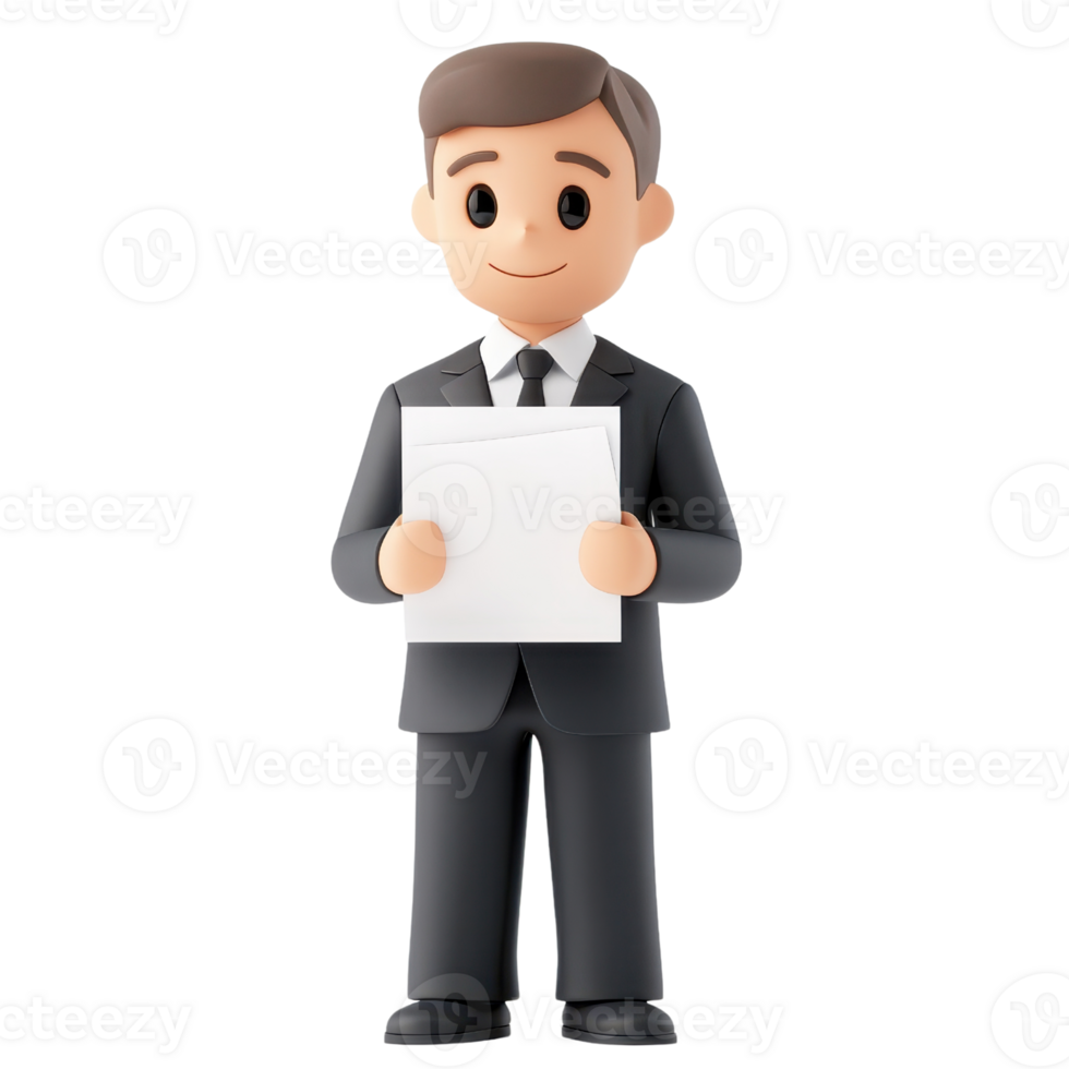 A cartoon character in a suit holding a blank sheet of paper, smiling confidently and standing upright. png