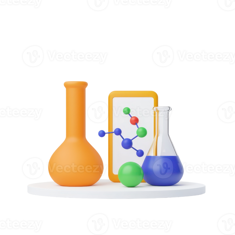 A collection of colorful laboratory glassware and a molecular model displayed on a circular platform. png