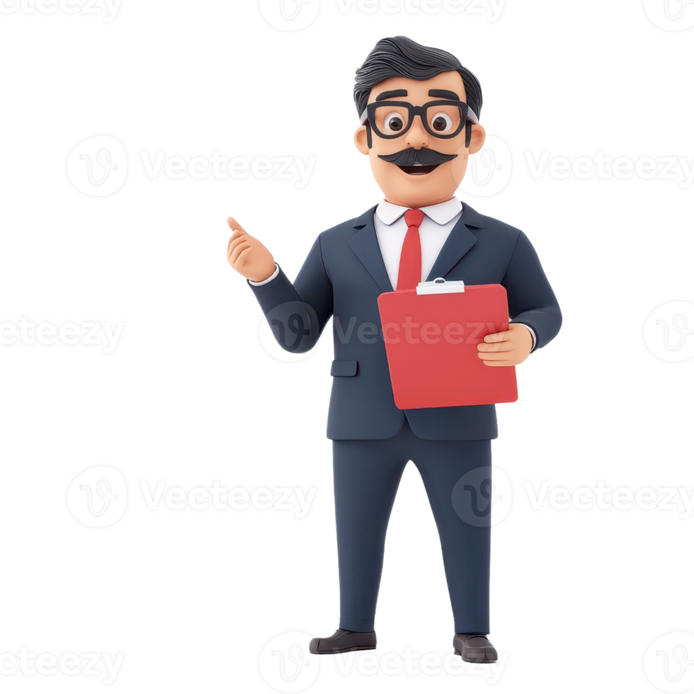 A cartoonish character in a suit, holding a red clipboard and gesturing with one hand, exuding a friendly, professional demeanor. png