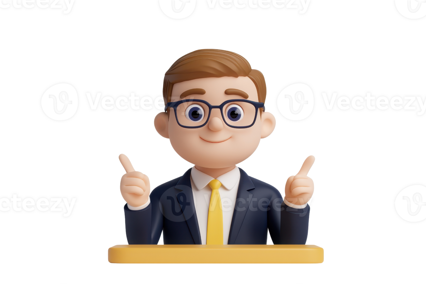 A cheerful cartoon character in a suit with glasses, confidently gesturing with both hands while standing at a desk. png