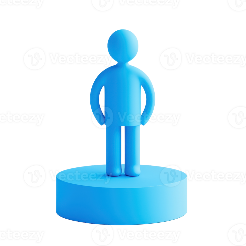 A blue 3D figure representing a person stands on a circular base, showcasing a simple yet modern design. png