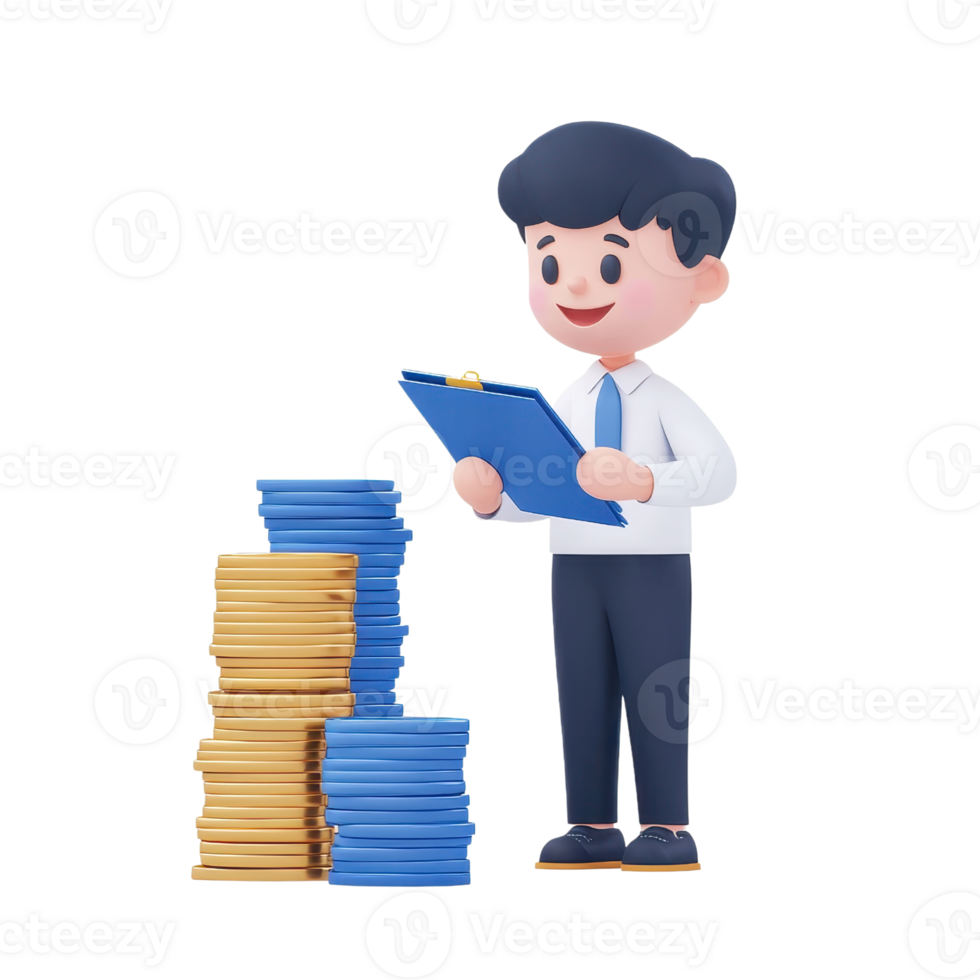 A cheerful character holding a clipboard stands next to a stack of organized documents in blue and yellow. png