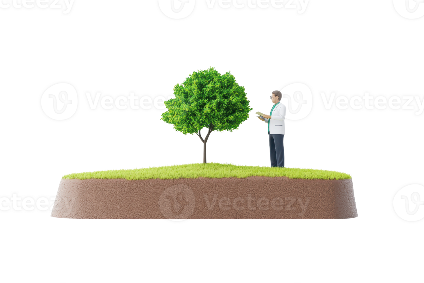 A miniature figure stands beside a lush green tree on a small patch of grass, engaged in nurturing or caring for the plant. png