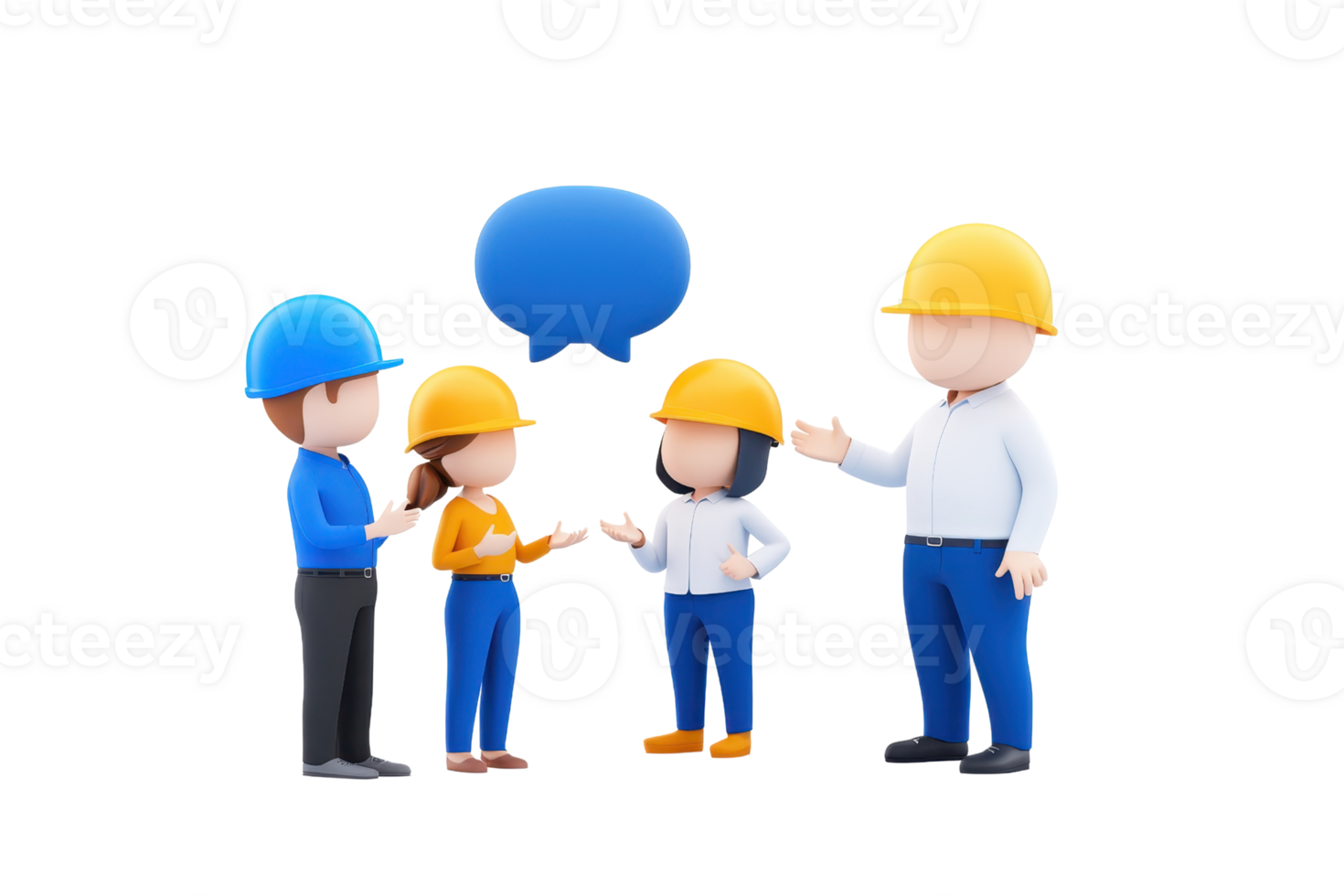 Four construction workers in hard hats engage in conversation, highlighting teamwork and communication in a professional setting. png