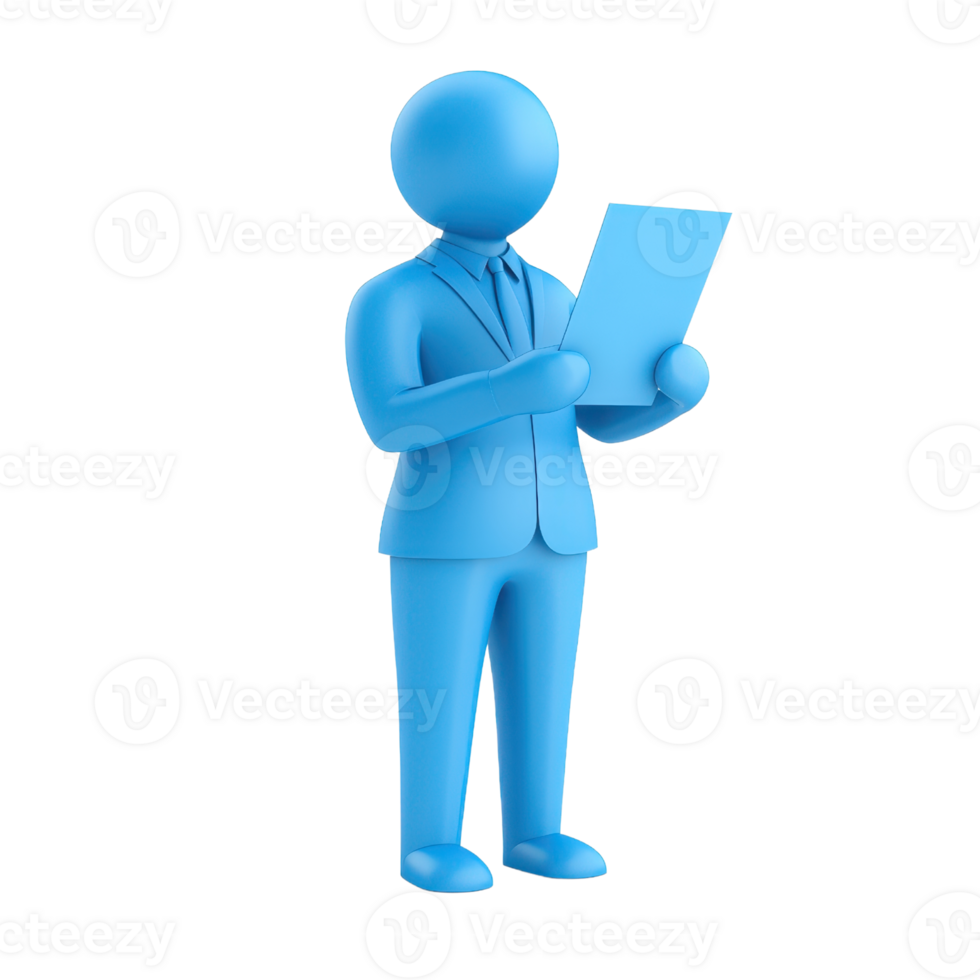 A blue figure in a suit holding a document, conveying a sense of professionalism and engagement. png