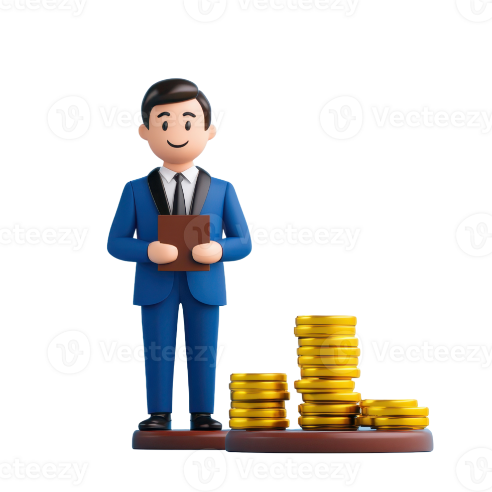 A smiling man in a blue suit stands next to a stack of gold coins, holding a clipboard. png