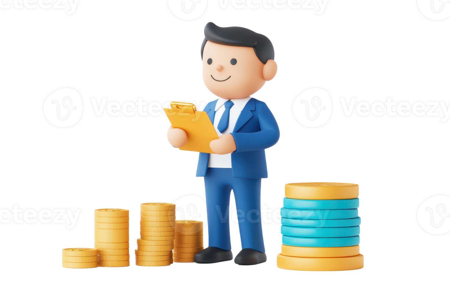 A cheerful figure in a suit holds a clipboard, standing beside stacks of coins, symbolizing finance and business. png