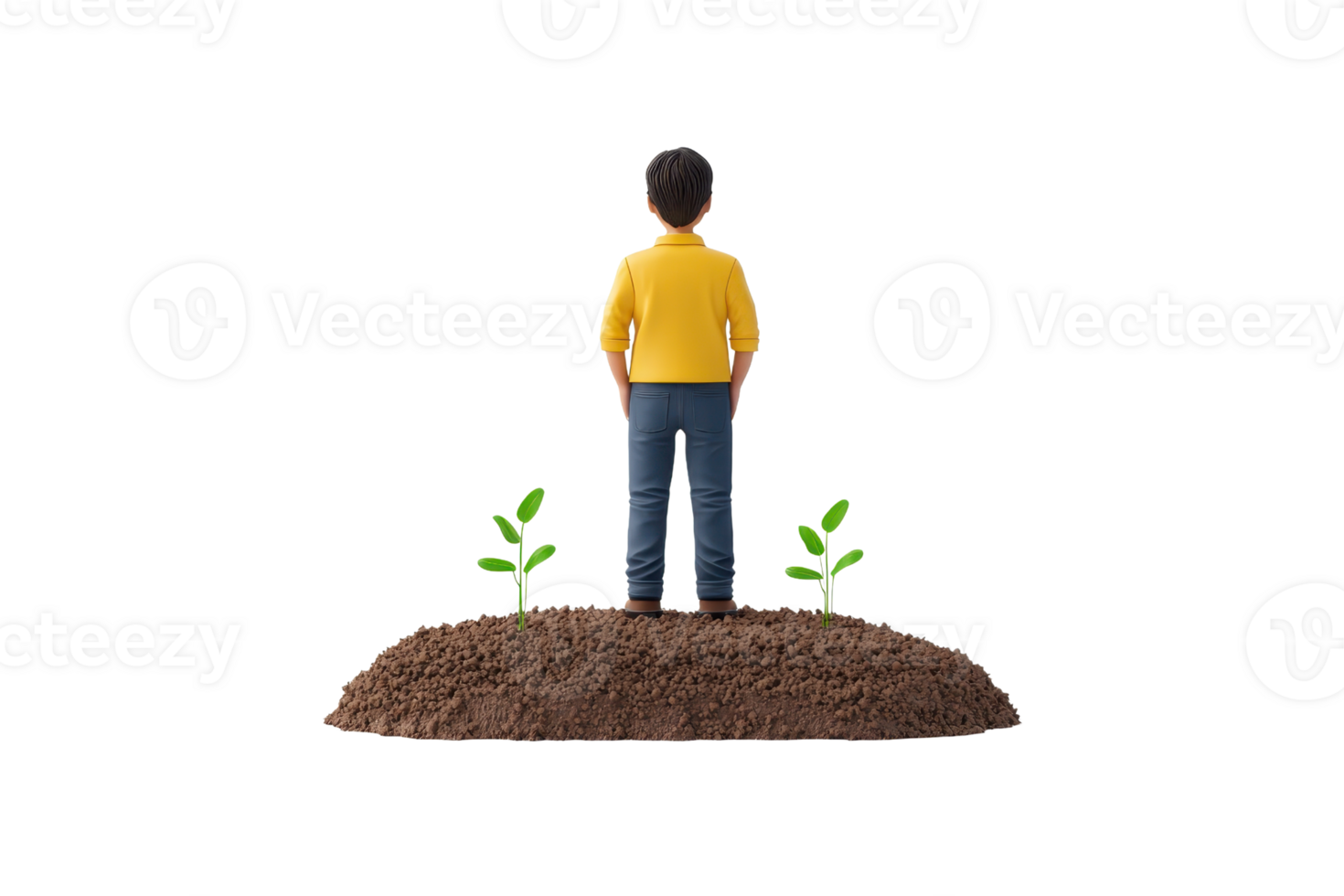 A child stands on a small mound of soil, observing two young plants growing beside him. png