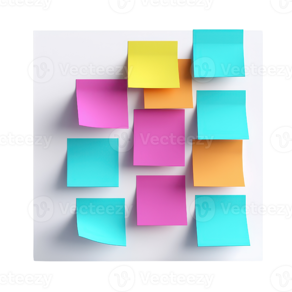 A colorful arrangement of sticky notes in various sizes and hues, showcasing creativity and organization. png