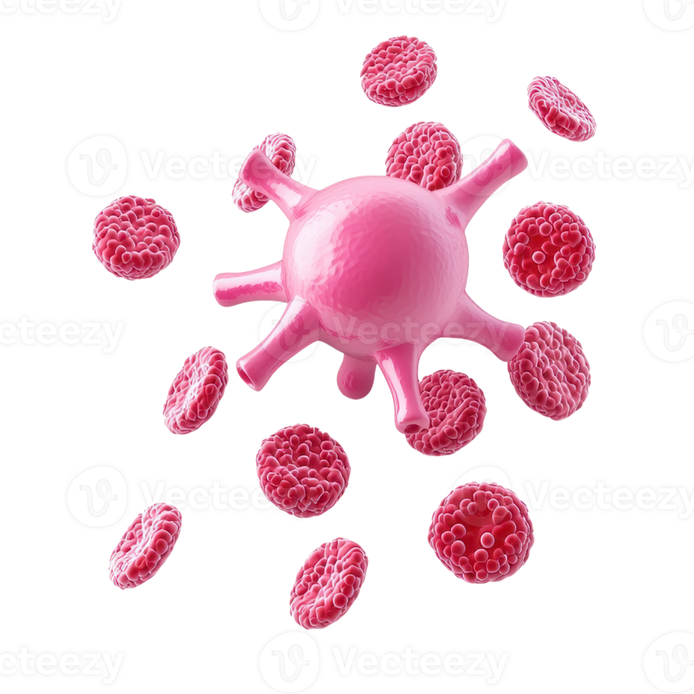 A stylized pink virus surrounded by circular particles, emphasizing its cellular structure and intricate surface. png