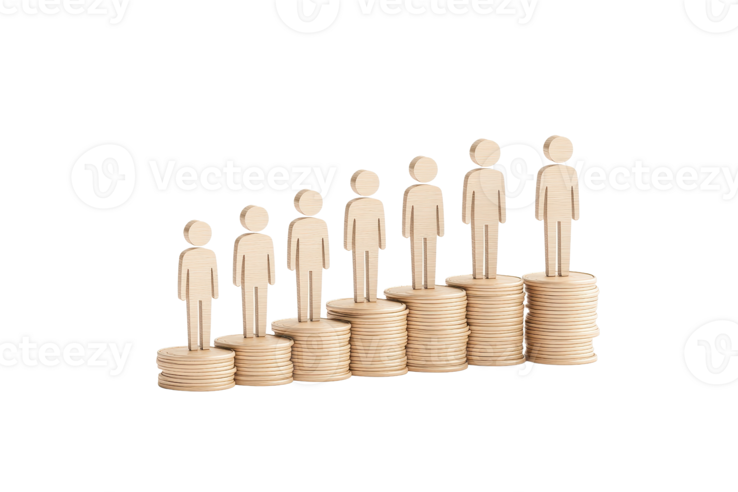 Wooden figurines arranged in ascending order on stacks of coins, symbolizing growth, progress, and financial success. png