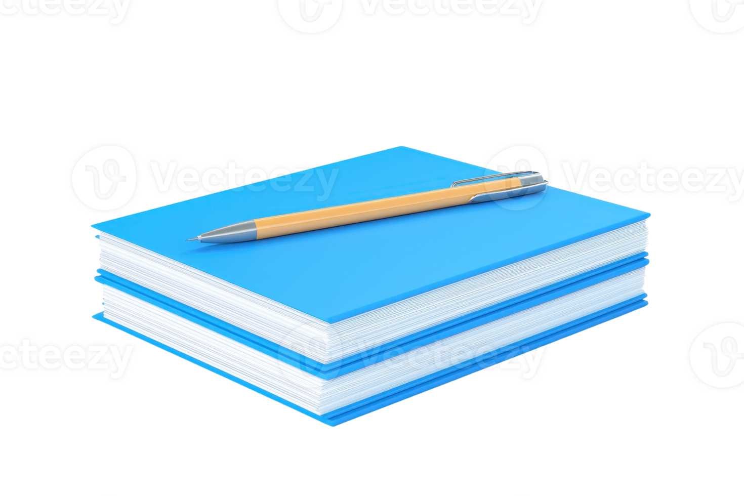 A stack of blue notebooks with a yellow pen resting on top, emphasizing a study or writing theme. png