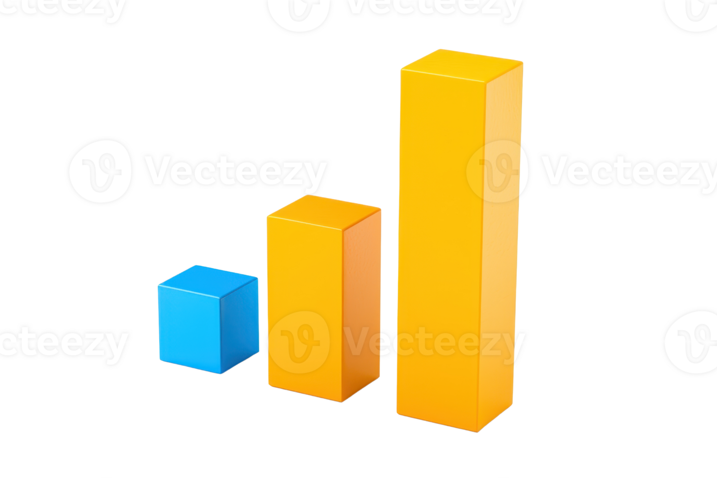 Three colorful bar graphs representing different heights and values, with a blue cube and two yellow rectangular prisms. png