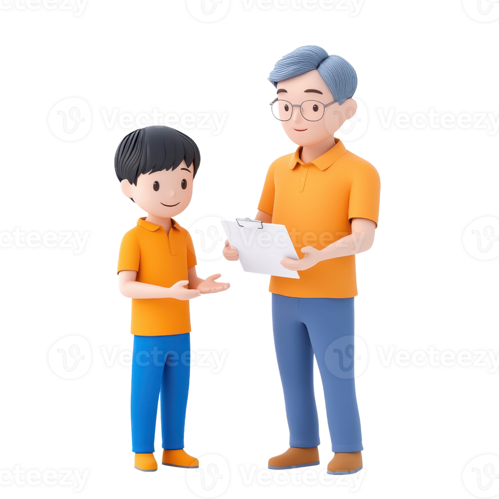 A young boy and an older man are engaged in a conversation, sharing a document while both wear matching orange shirts. png