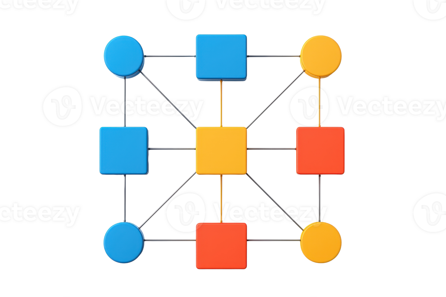 A geometric arrangement of colorful circles and squares connected by lines, illustrating a network or grid structure. png