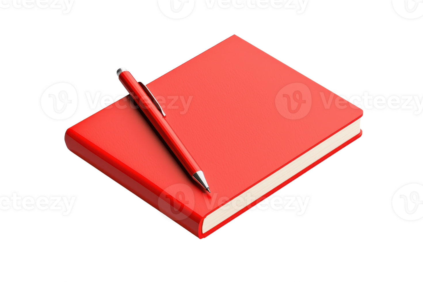 A vibrant red notebook with a sleek pen resting on top, designed for writing and note-taking. png